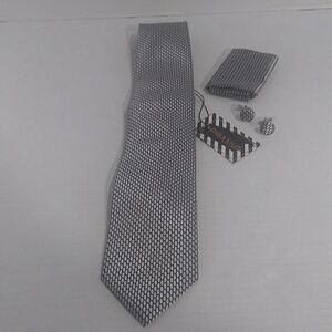 DIBANGU Men's Silk Gray & Black Tie,Pocket Square & Cuff Links Set *NWT*